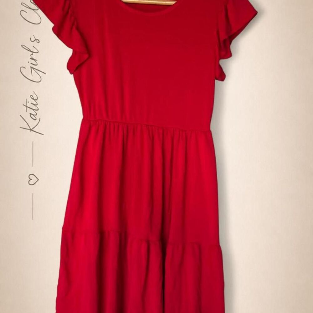 Olivia Rae Red Ruffle Sleeve Tiered Dress Small Stretch Knit